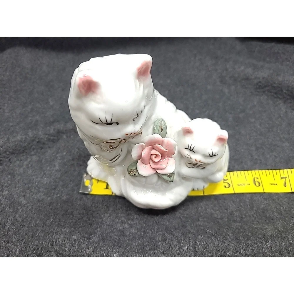 Vtg‎ Porcelain White Persian Mom & Baby Cat Figurine Rose Gold Accents 5